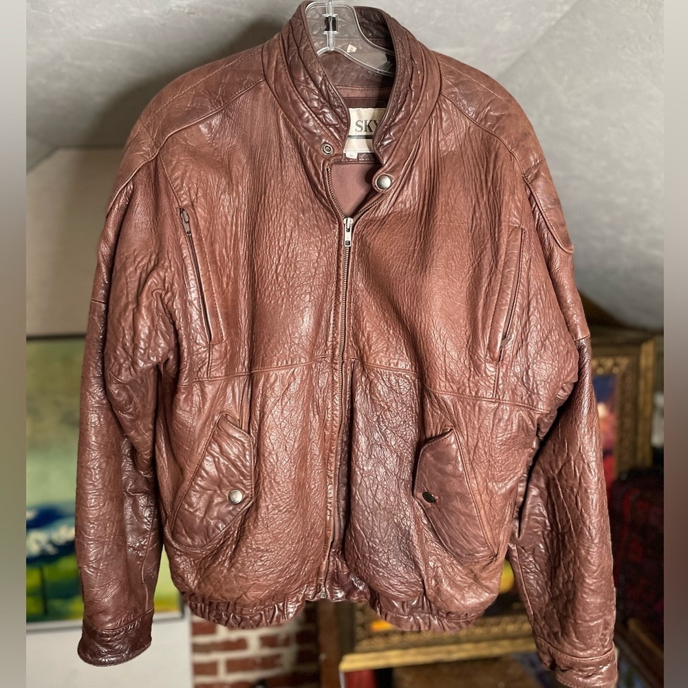 Red Sky dark Brown Distressed leather bomber jacket S